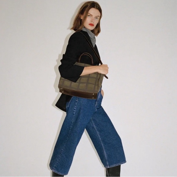 Zara check split suede square 2way satchel/tote green - Picture 2 of 12